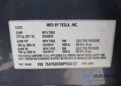 2023 Tesla Model Y Rwd from USA, damaged, VIN 7SAYGDED6PF948127